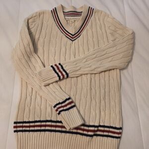Polo V-Neck Cable Knit Sweater in Cream with Stripes